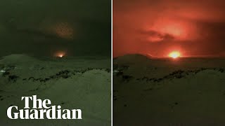 Moment Iceland volcano erupts illuminating night sky [upl. by Tiedeman976]