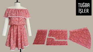 Very Easy Bardot Dress Cutting and Sewing  Tuğba İşler [upl. by Pergrim]