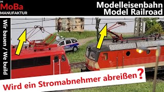 Modelleisenbahn H0  Oberleitung und Testfahrt mit Stromabnehmer  Bau einer Roco DCC Anlage [upl. by Loram969]