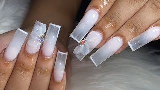 White To Clear Ombré w French Line ✨ 3D Flower 🤍  Milky White Nails [upl. by Gayleen]