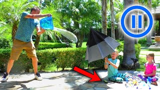 Pause Challenge in Real Life Pranking Our Dad Shrinking Anything He Touches [upl. by Jaeger611]