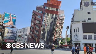 Videos show powerful Taiwan earthquake tipping buildings to side rattling homes [upl. by Anyt]