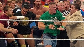 John Cena and Brock Lesnar get into a brawl that clears the entire locker room Raw April 9 2012 [upl. by Scutt]