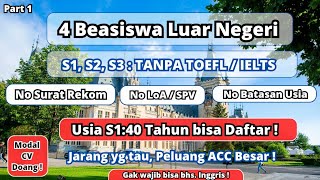 4 Beasiswa S1 S2 S3 Tanpa TOEFL  IELTS 2024  PART 1  beasiswas1 beasiswaluarnegeri beasiswa [upl. by Nylloc]