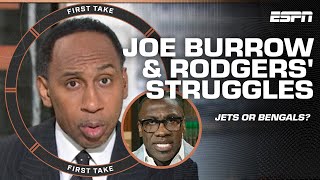 Stephen A amp Shannon Sharpe debate 🍿 JOE BURROW or AARON RODGERS more disappointing  First Take [upl. by Loralie]