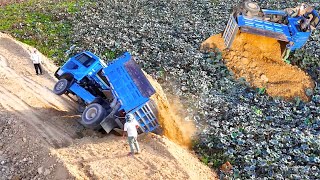 UnbelievableDumpTruck5T unloading Soil overturned Helping recovery By Small Excavator amp Dozer D20P [upl. by Ahseenyt]