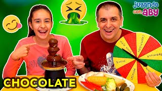 FUENTE DE CHOCOLATE CHALLENGE Probando comida normal con chocolate  ABY [upl. by Anselmi685]