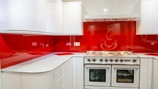 Red Glass Kitchen Splashback and White Glass Worktop Installation by Creoglass Design 01923 819 684 [upl. by Gilliam]