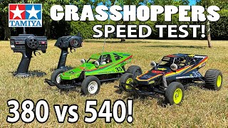 Tamiya Grasshopper Ltd Editions SPEED TEST 380 vs 540 Motor  NiMH vs LiPo  Green vs Black [upl. by Dorita]