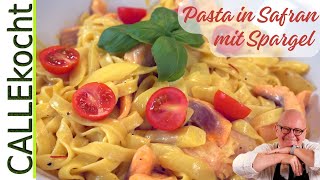 Pasta mit Spargel amp Lachsforelle in Safransoße – Schnelles Rezept [upl. by Dnalyag343]