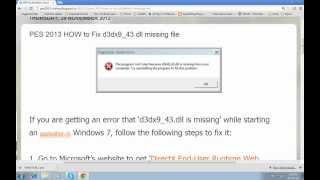 PES 2013 HOW to Fix d3dx943dll missing file [upl. by Anez180]