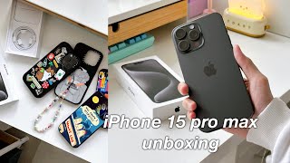 iPhone 15 Pro Max Black Titanium aesthetic unboxing  accessories [upl. by Ardnoel]