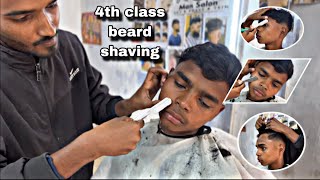 4th class school boy beard shaving straight razor and long haircut sessior and Aibro shape 2024 [upl. by Andryc924]