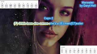 Maneater capo 2 by Daryl Hall play along with scrolling guitar chords and lyrics [upl. by Sixela]