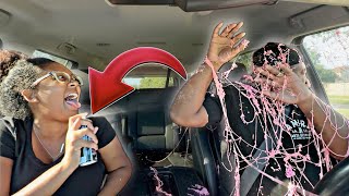 SPRAYING SILLY STRING ON MY HUSBAND WHILE HE DRIVE PRANK Bad idea [upl. by Latreece]