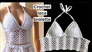 Crochet Lacey bralette tutorial  crochet crop top  crochet lace stitch [upl. by Aneekahs]