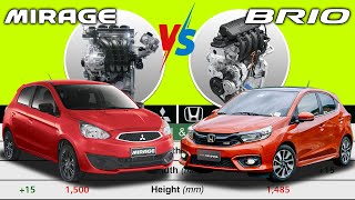 Mitsubishi Mirage Hatchback GLX AT 2023 vs Honda Brio RS CVT 2023  Car Specs Comparison [upl. by Genie]