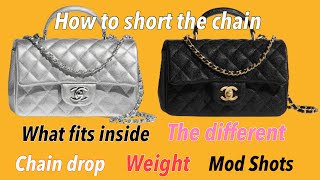 Review Chanel Mini Flap Bag With Top Handle The different What fits inside How to short the chain [upl. by Esina]