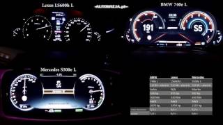 BMW 740e vs Mercedes S500e vs Lexus LS600h acceleration 0200 kmh racelogic [upl. by Tomi]