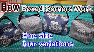 Four Boxed bag variations from one size fabric understanding corners how to sew upholstery fabric [upl. by Ttezzil6]