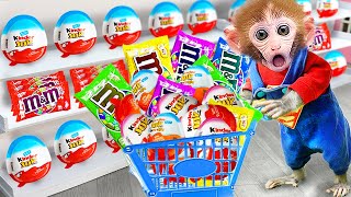 Cute Baby Monkey Bi Bon goes shopping at the Surpermarket and cooking beefsteak with puppy and cat [upl. by Ambler]