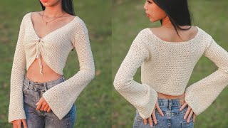 Crochet Crop Lace Cardigan  Crochet Bell Sleeves Cardigan  Chenda DIY [upl. by Weinshienk]