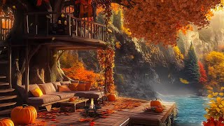 Serene Autumn Terrace Ambience🍂 With Nature Sounds Calm Waterfall Crunchy Leaves for SleepRest [upl. by Sclater]