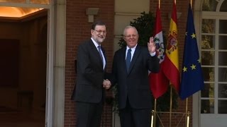 Spanish PM Rajoy greets Peruvian President Kuczynski in Madrid [upl. by Ylrbmik]