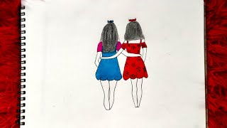 Best friends💜 Easy drawing tutorial How to draw two girls Step by step [upl. by Uzzia]