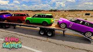 Flatbed Trailer Cars Transportation with Truck  Speedbumps vs Cars vs Train  BeamNGDrive [upl. by Tindall232]