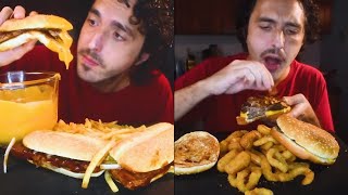 asmr eating CHEESY MCDONALDS vs BURGER KING  mcrib burgers fries onion rings cheese mukbang [upl. by Sasha762]