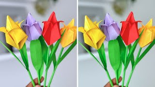 🌷 Origami Tulip 🌷  Easy way to make a Tulip flower How to make Paper Tulip Bouquet  Easy Origami [upl. by Okiruy250]