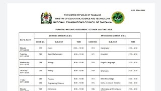 Ratiba Ya Mtihani Kidato Cha Pili 2022 NECTAFORM TWO TIMETABLE 2022FTNA 2022 EXAM TIMETABLE [upl. by Haran]