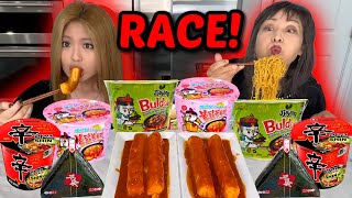 SPICY NOODLES RACE WITH GIANT TTEOKBOKKI amp full week of eating [upl. by Aramoiz756]