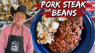 Feed Your Family for Under 30  Pork Steak and Beans with Loaded Baked Potato Salad [upl. by Adella]