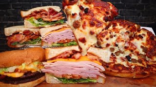 ASMR EATING BLT SANDWICHES BACON CHEESE BURGER ALL MEAT PIZZA CLUBHOUSE SANDWICHES MUKBANG [upl. by Yhprum]