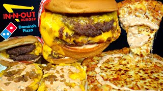 ASMR MUKBANG ANIMAL STYLE INNOUT DOUBLE BURGERS EXTRA CHEESE PIZZA amp FRIES  WITH CHEESE amp RANCH [upl. by Nail]