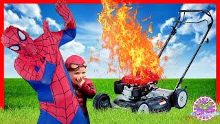 SPIDERMAN and Son Lawn Mower Catches on FIRE [upl. by Thorner]