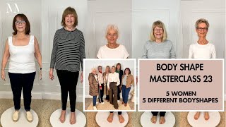 BODY SHAPE MASTERCLASS 23 HOW TO DRESS FOR YOUR SHAPE amp SIZE 5 WOMEN 5 DIFFERENT BODY SHAPES [upl. by Sammons]