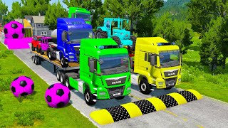 Double Flatbed Trailer Truck vs Speedbumps Train vs Cars BeamngDrive [upl. by Nomzzaj836]