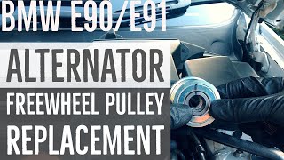 BMW 325i E90 E91 Alternator Freewheel Pulley Replacement [upl. by Derina296]