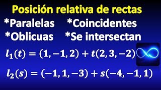 84 Determinar si las rectas son paralelas coincidentes oblicuas o se intersectan [upl. by Abijah]