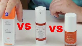 Farmacy Very Cherry Vitamin C 🍒 VS🐘 Drunk Elephant CFirma VS Sunday Riley CEO 15 Vitamin C Serum [upl. by Sotsirhc]