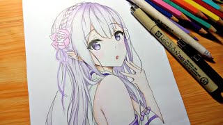 drawing anime girl  Emilia エミリア   ReZero kara Hajimeru Isekai Seikatsu [upl. by Ahsinuq563]