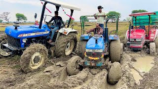 3 tractor Pulling together Mahindra Arjun NOVO 605 di 4wd Stuck in Mud Eicher 485  New Hollad 5500 [upl. by Jb]