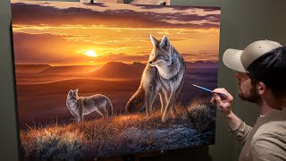 Landscape Oil Painting quotThe Setting Sunquot  Coyotes at Sunset [upl. by Bastien]