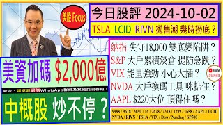 美資加碼2000億 中概股 炒不停？💖TSLA LCID RIVN拋售潮 幾時撈底😬NVDA大戶換碼 咪掂住🤐AAPL220大位 頂得住？💪VIX能量強 小心大插😜20241002 [upl. by Retsub]