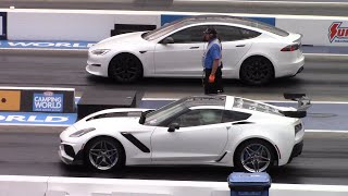 Tesla Plaid vs ZR1 Corvette Drag Race [upl. by Bena]