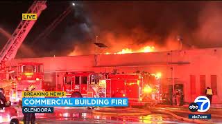 Massive fire erupts at vacant commercial building in Glendora roof partially collapses [upl. by Anaej]