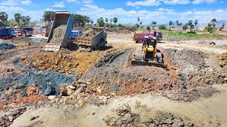 Super Skill Big KOMATSU D60P Dozers Process With Dump Trucks Taking Dirt Rock To Filling Up Big Pond [upl. by Daney936]